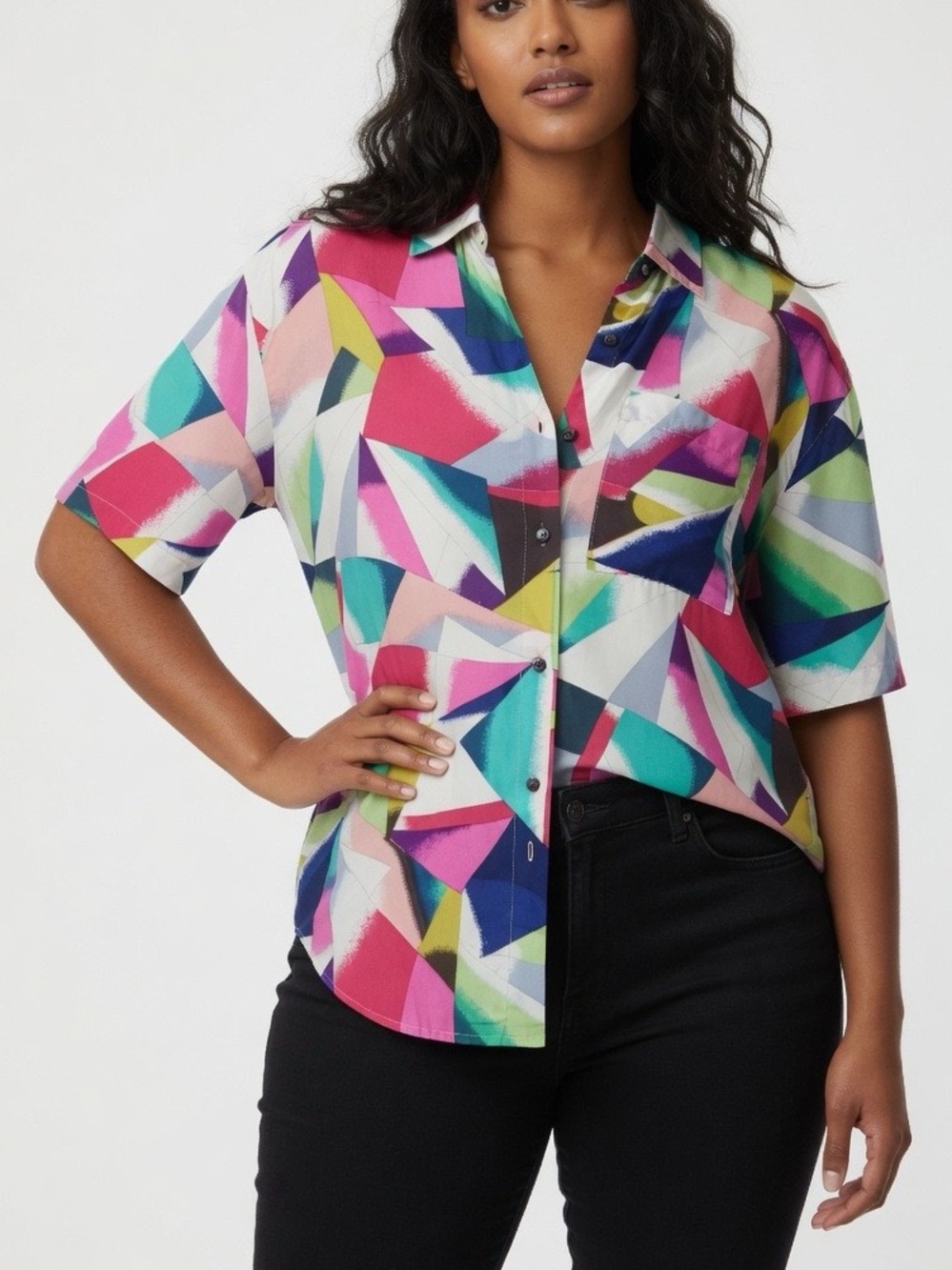 Vintage 100% Silk Abstract Geometric Button Up Shirt Size 18 Art print Blouse